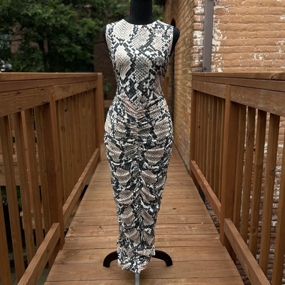 Karen Millen Snake Print Mesh Ruched Maxi Bodycon Dress Petite Medium New
